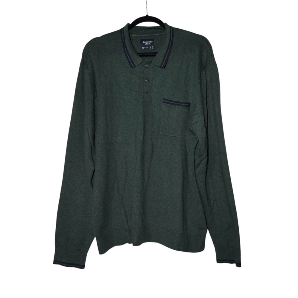 Abercrombie & Fitch Henley Sweater Long Sleeve Green with Navy Blue Trim XL NWT